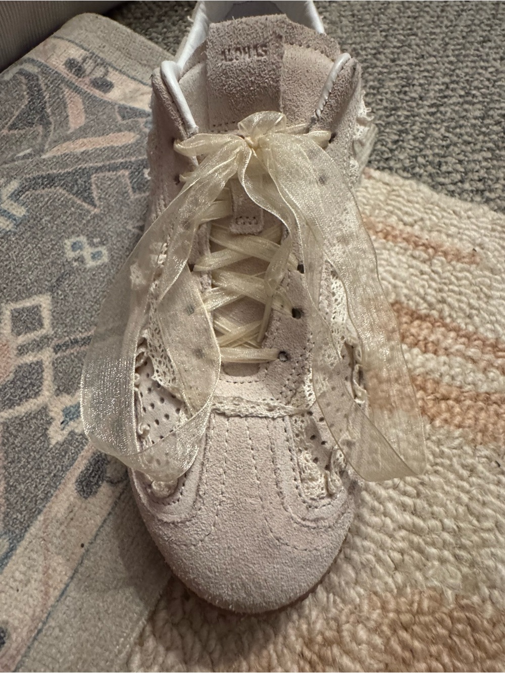 ALOHAS Suede Cream Leather Crochet-Trim Sneakers - Picture 6 of 8
